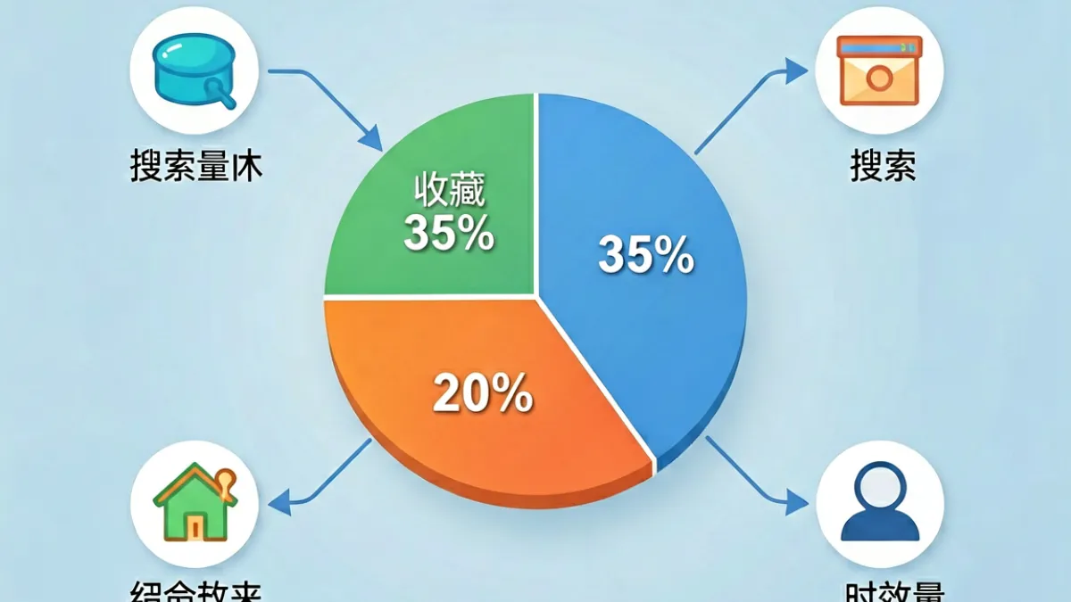 番号大全热度算法示意图，展示搜索量、收藏量、评分三项指标组成的加权排行模型数据可视化图表
